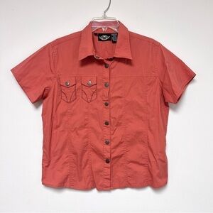 Harley Davidson Coral Embroidered Snap Button Up Short Sleeve Collared Shirt